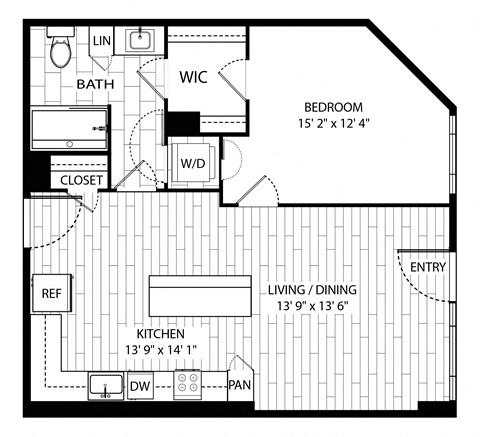 Floor plan for 1 bed, 1 bath, 735 sqft